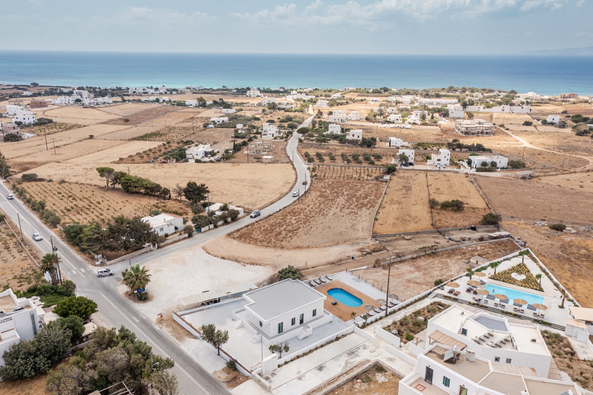 Aerial view of Villa Eira and the Kastraki coastline in Naxos